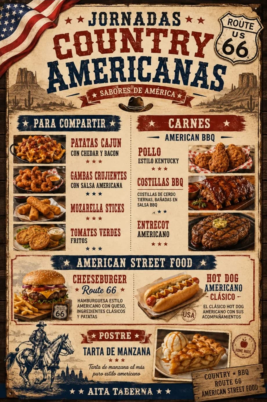 Carta temática de las Jornadas Americanas con platos BBQ, street food y postre