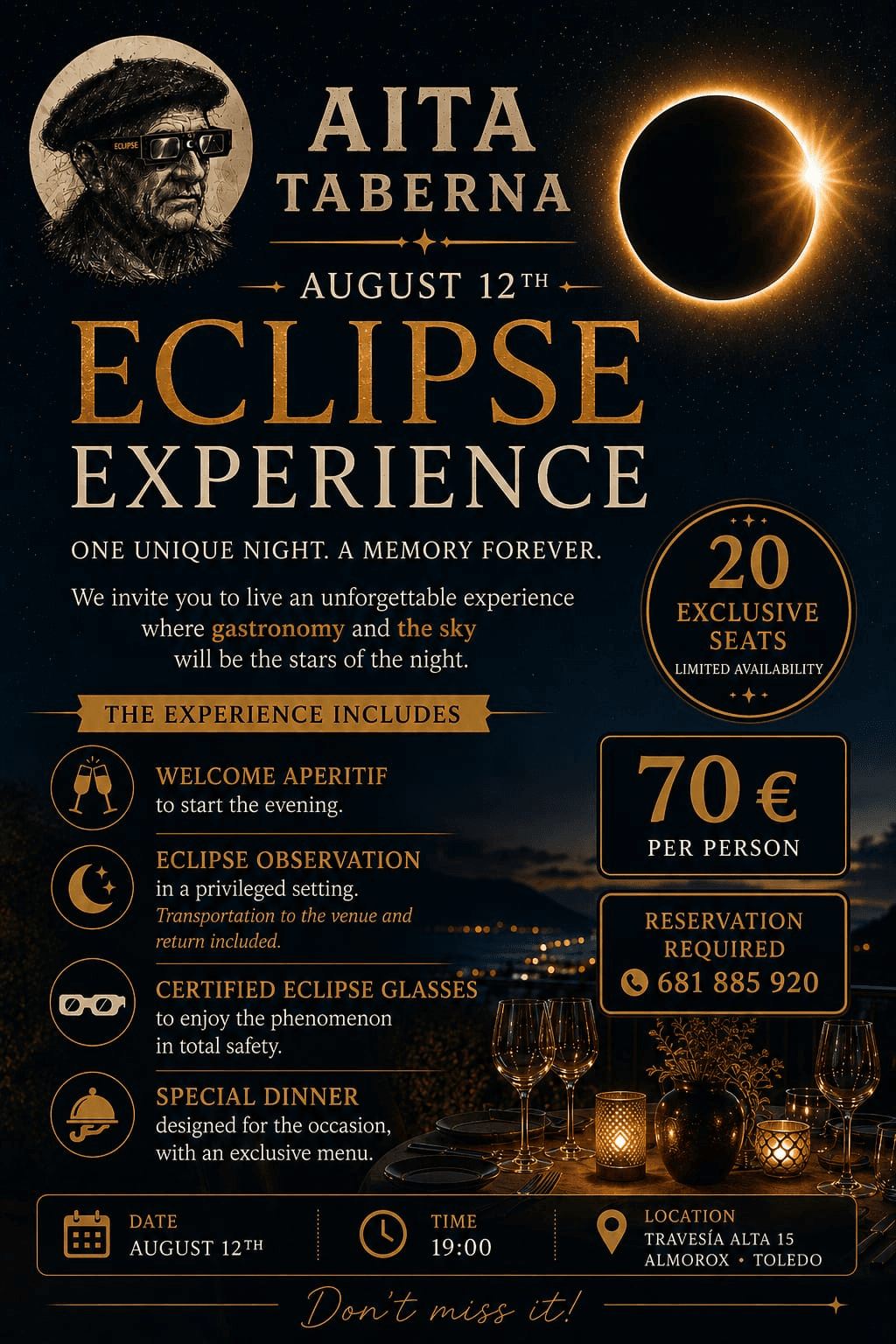 Cartel de la Experiencia Eclipse de Taberna Aita el 12 de agosto