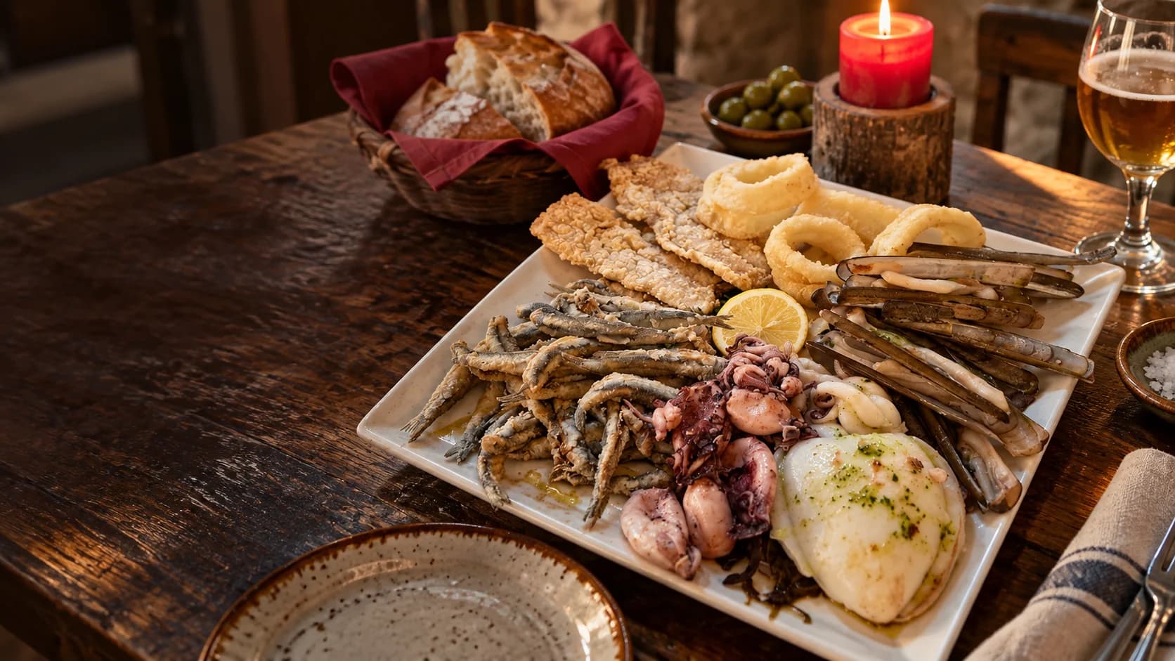 Bodegón gastronómico de pescado y marisco sobre una mesa de madera