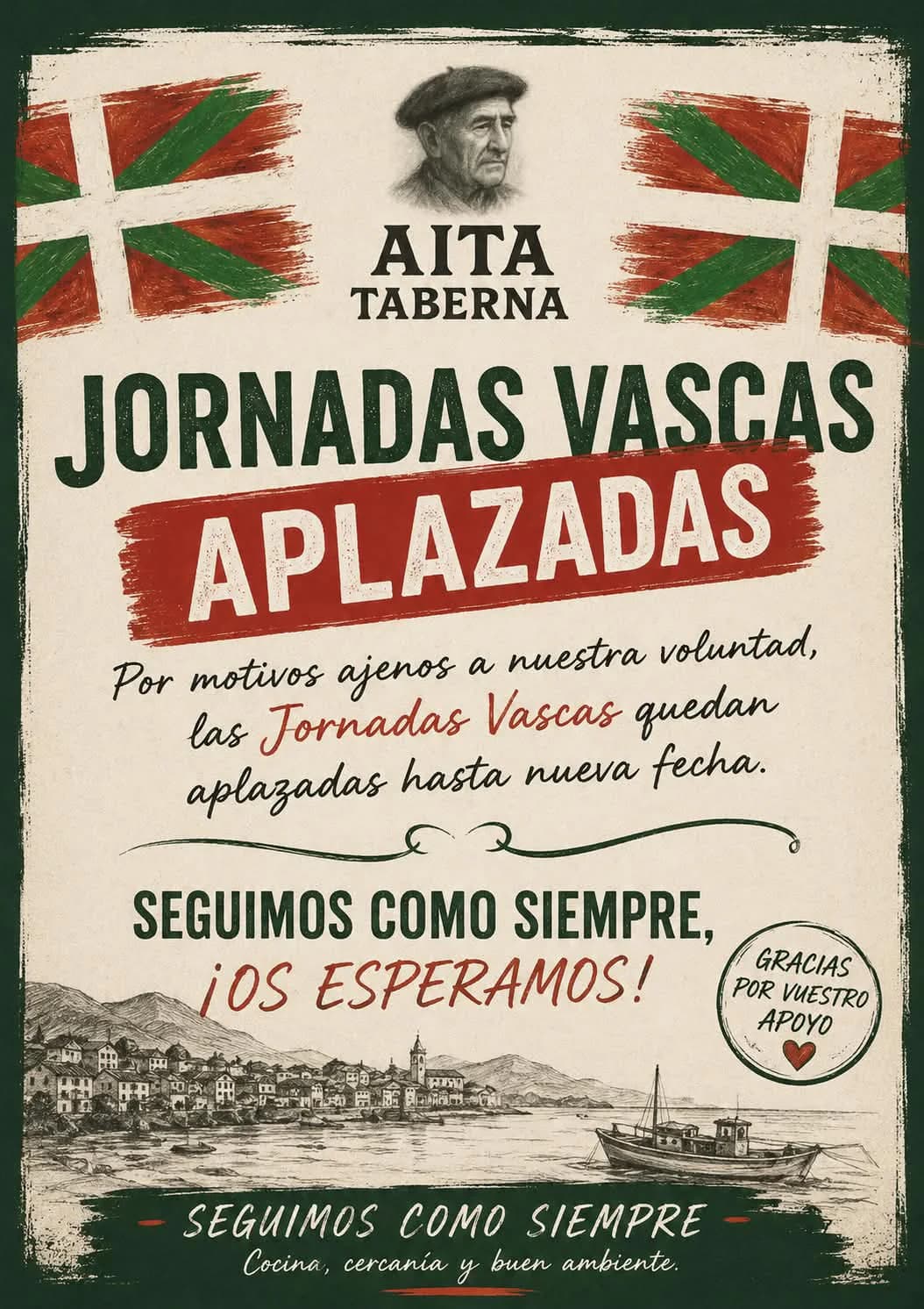 Aviso de aplazamiento de las Jornadas del País Vasco en Taberna Aita